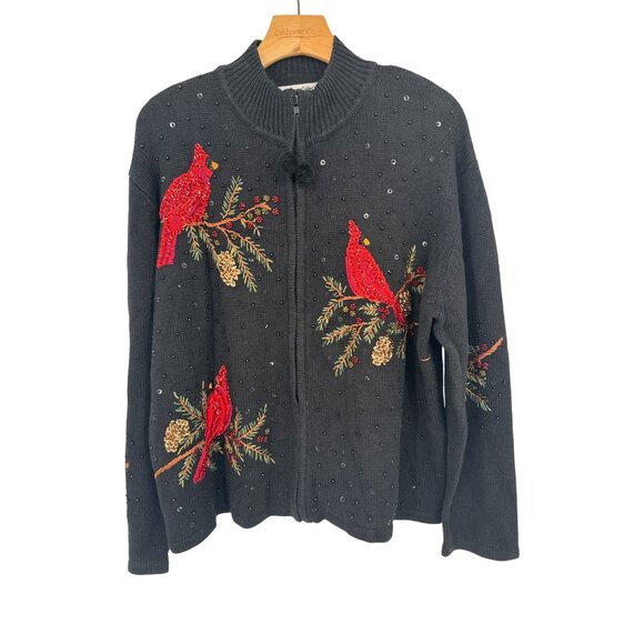 Heirloom Collectibles Christmas Black Cardigan Sweater size XL Sequin Cardinals - Picture 1 of 4